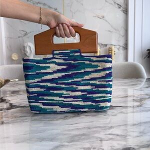 Handcrafted Wooden Handle toquilla straw - Blue and Purple